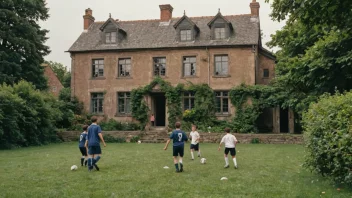 Et bilde av et stort, gammelt hus med en stor hage, hvor en gruppe gutter spiller fotball.