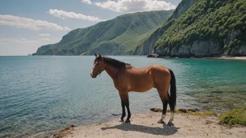 En hest står i en bukt eller vik med et vakkert landskap i bakgrunnen.