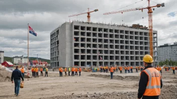 En byggeplass i Norge med en stor bygning og arbeidere.