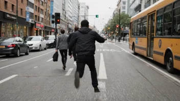 En person som skynder seg å nå bussen, med en klokke i bakgrunnen som viser kort tid igjen.