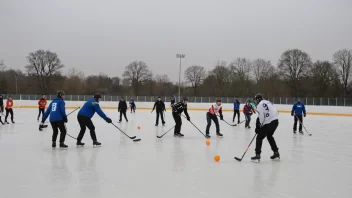 En gruppe mennesker som spiller bandy på en isbane