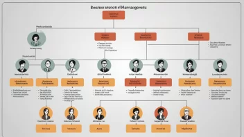 En illustrasjon av en forretningsorganisasjonskart med ulike avdelinger og ledelsesroller.