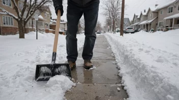 En person i vinterklær som skuffer snø fra et fortau