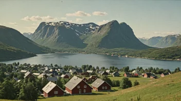 Et idyllisk og malerisk norsk landskap med en liten bosetning i det fjerne.