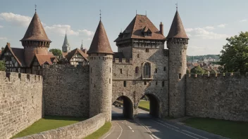 En gammel tollmur med en portbygning og tårn, som omgir en by.