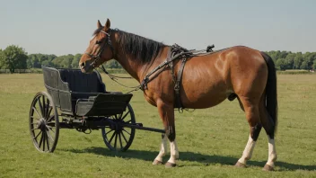 En hest med en sterk bygning og et rolig vesen, stående i en åker med en vogn i bakgrunnen.