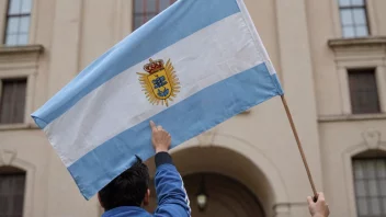 En person holder det argentinske flagget, med det argentinske riksvåpenet i bakgrunnen.