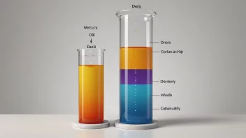 En fargerik illustrasjon av en tetthetskolonne med tydelige lag av væsker med ulike tettheter.