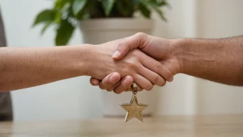 En person som smiler og holder en pokal eller et sertifikat, med en bakgrunn av mennesker som applauderer eller heier.