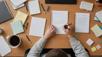 En person som sitter ved et skrivebord, omgitt av bøker og notater, ser fokusert og bestemt ut mens de forbereder seg på en eksamen eller oppgave.