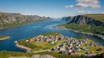 Et pittoreskt landsby i Norge med tradisjonelle hus og en storslagen natur.