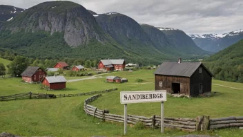 En pittoresk norsk gård med et skilt som bærer navnet 'Sandberg' eller 'Sandbergs'.