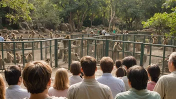 En gruppe mennesker observerer aper i en zoologisk hage.