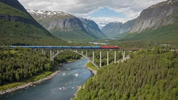 Et tog som krysser en jernbanebru over en elv i et naturskjønt norsk landskap