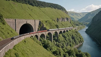 Et tog passerer gjennom en jernbanetunnel, med et naturskjønt landskap i bakgrunnen.