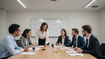 En gruppe mennesker samlet rundt et bord, engasjert i en diskusjon eller aktivitet, med en whiteboard eller presentasjonsskjerm i bakgrunnen.