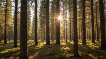 Et fredelig skoglandskap med gullfargede bartre.