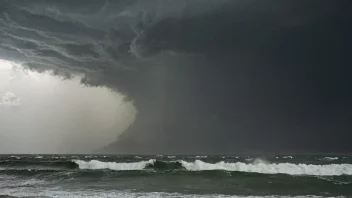 En dramatisk illustrasjon av en orkanaktig storm med sterke vinder og kraftig regn.