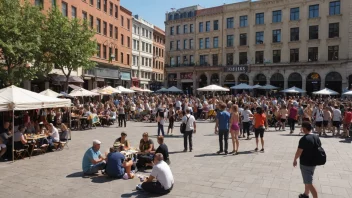 Et levende torg med mennesker i alle aldre samlet, omgitt av butikker, kafeer og gatemusikanter.