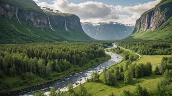 Et pittoreskt norsk landskap med en elv og foss.