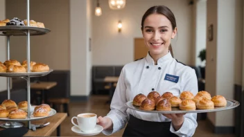 En tjenesteperson med et vennlig smil, som holder en bakke med en kopp kaffe og en tallerken med kaker.