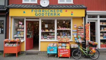 Et bilde av en godteributikk med en skilt som leser 'Forlokkende Godteributikk' på norsk.