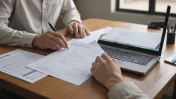 En person fyller ut en skjema på et skrivebord med en datamaskin og papirer i bakgrunnen.