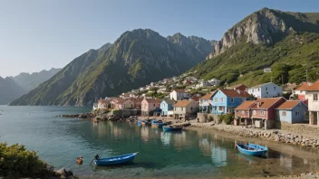 Et malerisk kystsamfunn med tradisjonelle hus og fiskebåter, omgitt av hav og fjell.