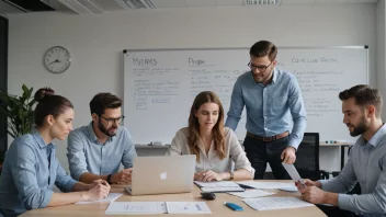 En gruppe mennesker som jobber sammen i et moderne kontor, med laptoper og papirer på et bord, og en whiteboard med en forretningsplan i bakgrunnen.