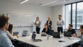 En gruppe mennesker i en opplæringssesjon, med en whiteboard og laptops, i et moderne kontormiljø.