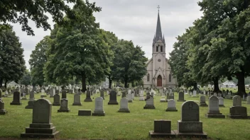 En fredelig kirkegård med en blanding av gamle og nye gravsteiner, omgitt av trær og en kirke i bakgrunnen