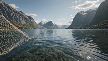 Et bilde av et fiskegarn i vannet med et naturskjønt norsk landskap i bakgrunnen.