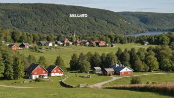 Et idyllisk landskap av et landlig område med noen bygninger og en skilt som leser Selgård