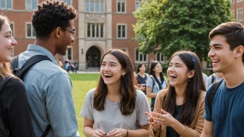 En gruppe studenter fra ulike bakgrunner og kulturer samlet sammen, ler og prater, med en universitetsbygning i bakgrunnen.