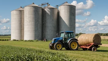 En silo fylt med silofôr, en type fôr for dyr, med en traktor og en bonde i bakgrunnen.