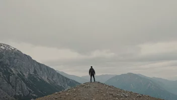 En person som står på toppen av et fjell, med en subtil antydning av en nedoverbakke i bakgrunnen.