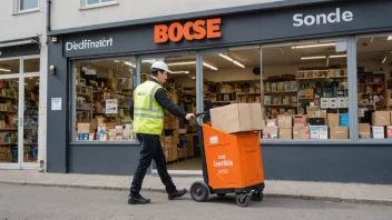 En person i leveringsuniform holder en boks med varer, med en butikk i bakgrunnen