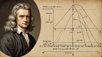 Et bilde av Sir Isaac Newton med en målestokk og et diagram over krefter.