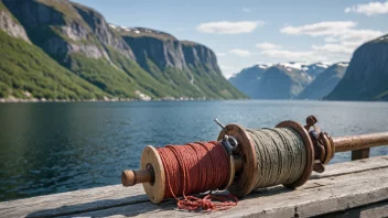 En snurpenote, et tradisjonelt norsk fiskeutstyr, er vist på en trebrygge med en naturskjønn bakgrunn av en norsk fjord.