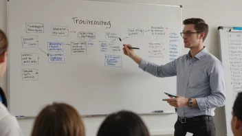 En leder av fagopplæring som står foran en whiteboard med en opplæringsprogramoversikt.