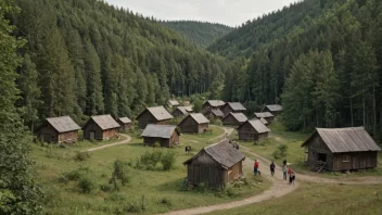 En fredelig skogbygd med trehus og noen mennesker som går rundt.