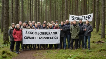 En gruppe mennesker i en skog, som representerer skogeierforbundet.