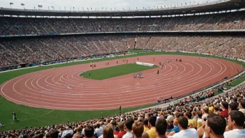 Et foto av et stort stadion med utøvere som konkurrerer i ulike friidrettsøvelser, med en folkemengde som heier dem frem.