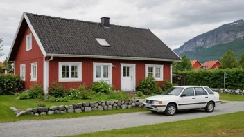 Et bilde av en typisk norsk hus med en hage og en bil parkert utenfor