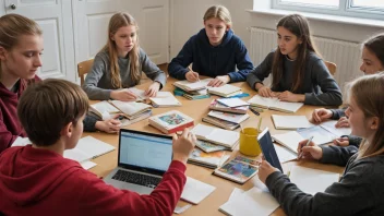 En gruppe norske skoleelever i tenårene samlet rundt et bord, engasjert i en diskusjon.