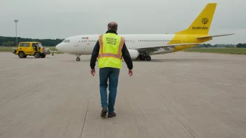 En person i en gul vest som guider et fly på bakken, og gir støtte for trygg avgang og landing.