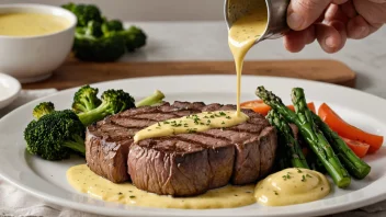 En deilig Béarnaise-saus blir hellet over en perfekt grillet steak, sammen med en side av dampede grønnsaker.