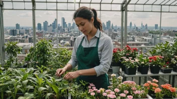 En person som arbeider i et drivhus, omgitt av frodig grønnskap og fargerike blomster, med en bysilhuett synlig gjennom vinduene.