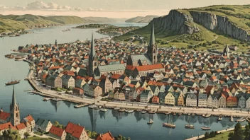 En historisk illustrasjon av Trondheim by med Nidarosdomen i sentrum, som viser byens rike historie og kulturelle betydning