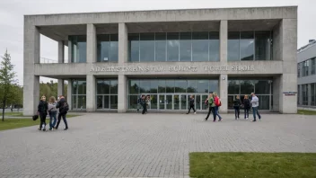 Et foto av en administrasjonsskolebygning med studenter.